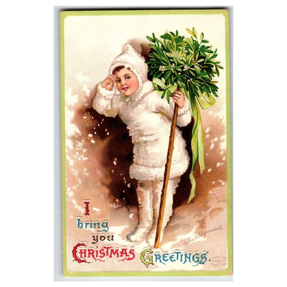 1909 Ellen H. Clapsaddle Christmas Greetings Postcard Child with Mistletoe